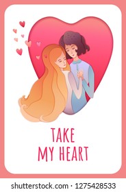 Valentine's Day greeting card Cute funny lesbian couple. Lesbian couple in love. Vector illustration of a homosexual couple of girls. Two women inside a giant heart shape. Cartoon character lesbians.