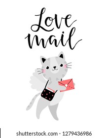 Valentines day greeting card with cute cat and text Love mail. Vector illustration.