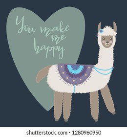Valentine's day greeting card. Cute llama with hand drawn elements. You make me happy.