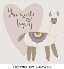 Valentine's day greeting card. Cute llama with hand drawn elements. You make me happy.
