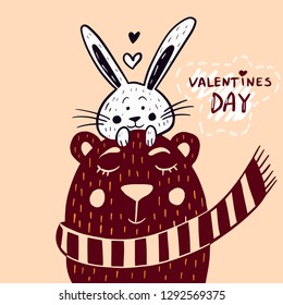 Valentine's day greeting card with cute rabbit and bear