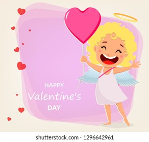 Valentines Day greeting card with cute cupid. Funny cartoon character holding balloon in shape of a heart. Vector illustration on abstract pink background with hearts. 