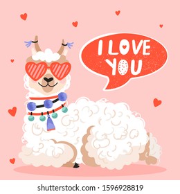 Valentine's day greeting card. Cute cartoon alpaca with heart shape sunglasses. Vector illustration for greeting cards, t-shirts, posters etc.