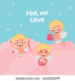 Valentines day greeting card. Cute baby cupid characters with hearts. Amur with a bow, flies in the clouds, holding a gift.