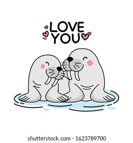 Valentines day greeting card.
Cute couple seal hand drawn cartoon animal character.