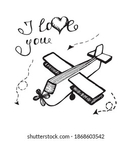 Valentine's day greeting card. Cute airplane on a white background. Hand drawn