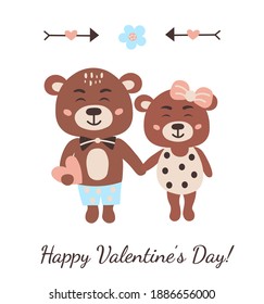 Valentine's Day greeting card. Cute couple of bears in love.  Vector hand drawn illustration.