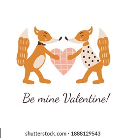 Valentine's Day greeting card. Cute foxes in love and inscription, be mine Valentine. Vector hand drawn illustration.