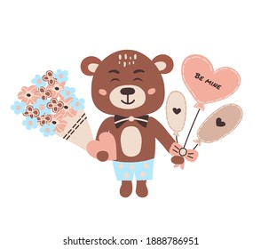 Valentine's Day greeting card. Cute bear with hearts and flowers. Vector hand drawn childish illustration.