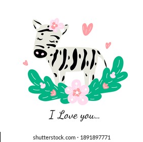 Valentine's Day greeting card. Cute baby zebra with hearts. Print for kids goods. Vector flat illustration.