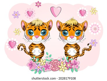 Valentine's day greeting card with Cute boy and girl. Cartoon tiger with expressive eyes. Wild animals, character, childish cute style