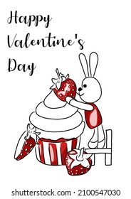 Valentine's Day greeting card. Cute rabbit and strawberry cupcake. Poster for the holiday