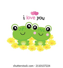 Valentines day greeting card. Cute couple frogs fall in love.
