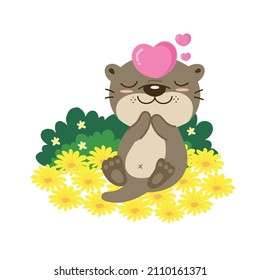 Valentines day greeting card. Cute otter with heart on flower field.