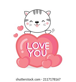 Valentines day greeting card.  Cute cat with big heart.