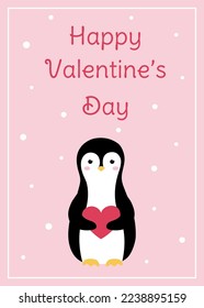 Valentine's Day Greeting card. Cute penguin holds love heart. Vector illustration