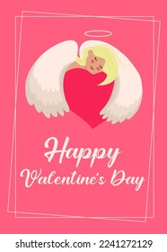 Valentine's day greeting card. Cute vector illustration in flat style. An angel with a heart.