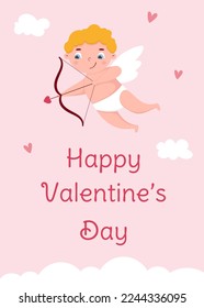 Valentine's Day greeting card. Cute cupid with bow and arrow. Template for greeting card, invitation, poster, banner, gift tag. Vector illustration