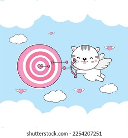 Valentine's Day greeting card .Cute Cat Cupid  shoots an arrow at a target.