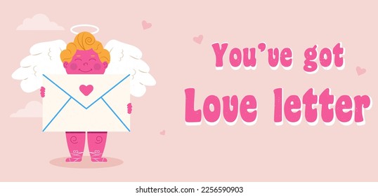 Valentine's day greeting card with cute cupid holding envelope.You have got love letter.Flat style vector illustration
