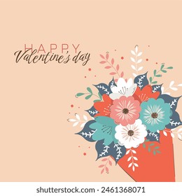 Valentines Day Greeting Card with Cute Bouquet of Flowers. Vector Square Template