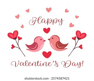 Valentine's Day greeting card with cute birds and hearts, vector illustration, poster, banner.