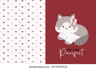 Valentines day greeting card with cute cat and text You are purrfect. Vector illustration.