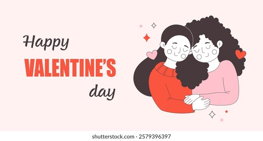 Valentines Day greeting card with cute happy lesbian couple. Love is Love. LGBT, Pride community. Vector illustration in flat style