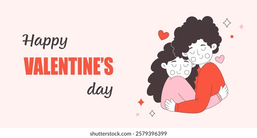 Valentines Day greeting card with cute happy lesbian couple. Love is Love. LGBT, Pride community. Vector illustration in flat style