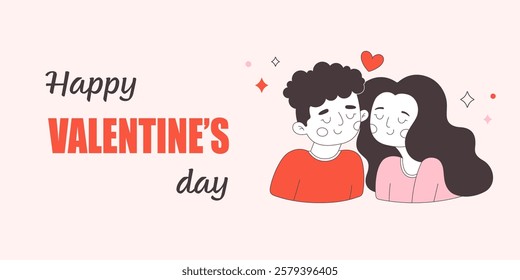 Valentines Day greeting card with cute happy love couple. Young woman and man falling in love. Vector illustration in flat style