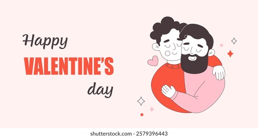 Valentines Day greeting card with cute happy gay couple. Love is Love. LGBT, Pride community. Vector illustration in flat style