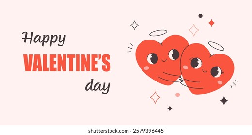 Valentines Day greeting card with cute heart characters couple. Concept of love, romantic, date. Hand drawn vector illustration in flat style 