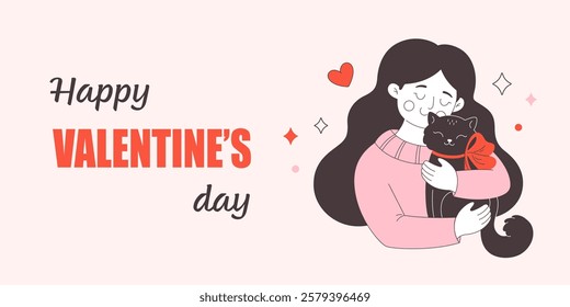 Valentines Day greeting card with cute happy young woman hugging a cat. Cat lover. Pet owner. Vector illustration in flat style