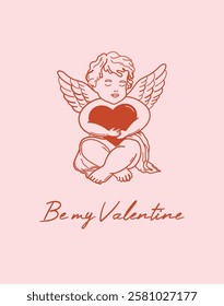 Valentines day greeting card. Cute baby angel with wings and heart. Vintage cherub outlines with holiday lettering. Vector illustration for posters, cards, printing on t-shirt etc.