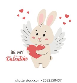 Valentine's day greeting card with cute bunny and heart. Children's style. Vector illustration.
