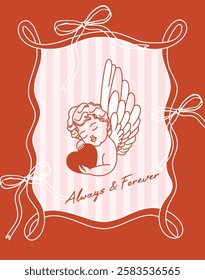 Valentines day greeting card. Cute baby angel with wings, bows and heart. Vintage cherub outlines with holiday lettering. Vector illustration for posters, cards, printing on t-shirt etc.