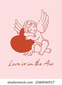 Valentines day greeting card. Cute baby angel with wings and heart. Vintage cherub outlines with holiday lettering. Vector illustration for posters, cards, printing on t-shirt etc.