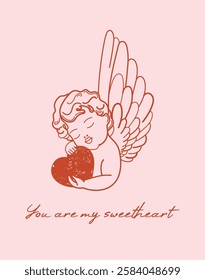 Valentines day greeting card. Cute baby angel with wings and heart. Vintage cherub outlines with holiday lettering. Vector illustration for posters, cards, printing on t-shirt etc.