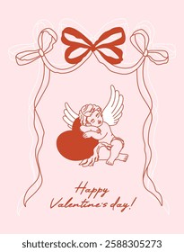 Valentines day greeting card. Cute baby angel with wings, bows and heart. Vintage cherub outlines with holiday lettering. Vector illustration for posters, cards, printing on t-shirt etc.