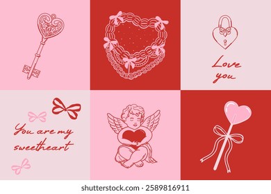 Valentines day greeting card. Cute baby angel with wings and heart. Vintage cake, bows, lollipop, heart shaped key with holiday lettering. Vector illustration for posters, cards, invitation etc.