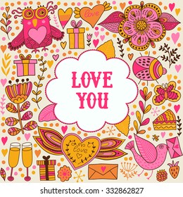 Valentine's Day greeting card, cute handdrawn element in childish style, romantic elements for your design. Owl, hearts, champagne, cake, birds.  Floral frame, invitation background. Greeting card.