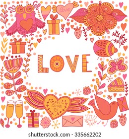 Valentine's Day greeting card, cute hand drawn element in childish style, romantic elements for your design. Owl, hearts, champagne, cake, birds.  Floral frame, invitation background. Greeting card.
