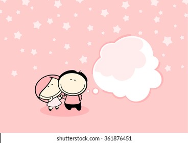 Valentine's day greeting card with cute couple and thought bubble window for your text