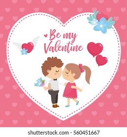 Valentine's Day greeting card. Cute illustration with sweet couple, big heart with lettering and flowers bouquet. 