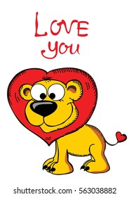 Valentine's Day Greeting Card with cute lion and hand drawn Love lettering.