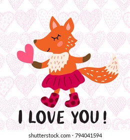 Valentine's day greeting card with cute fox