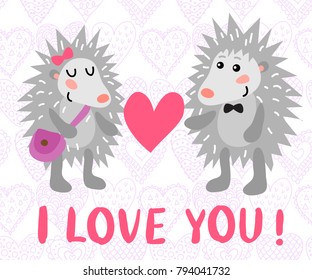 Valentine's day greeting card with cute hedgehogs