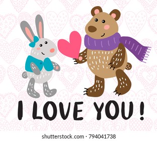 Valentine's day greeting card with cute rabbit and bear