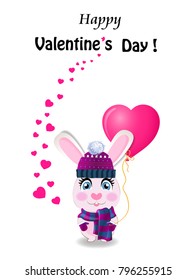 Valentine's day greeting card with cute cartoon rabbit in violet knitted hat, scarf and mittens holding pink heart shaped balloon and many little hearts around on white background. Vector illustration