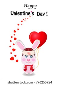 Valentines day greeting card. Cute cartoon rabbit in red hat with ear flaps, knit scarf and mittens holding red heart shaped balloon and many hearts around on white background. Vector illustration.